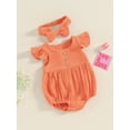 thumbnail image 4 of Musuos Baby Girl Summer Clothes Set 3M 6M 12M 18M Round Neck Fly Sleeve Solid Color Romper + Bow Headband Newborn Infant 2 Piece Set, 4 of 10