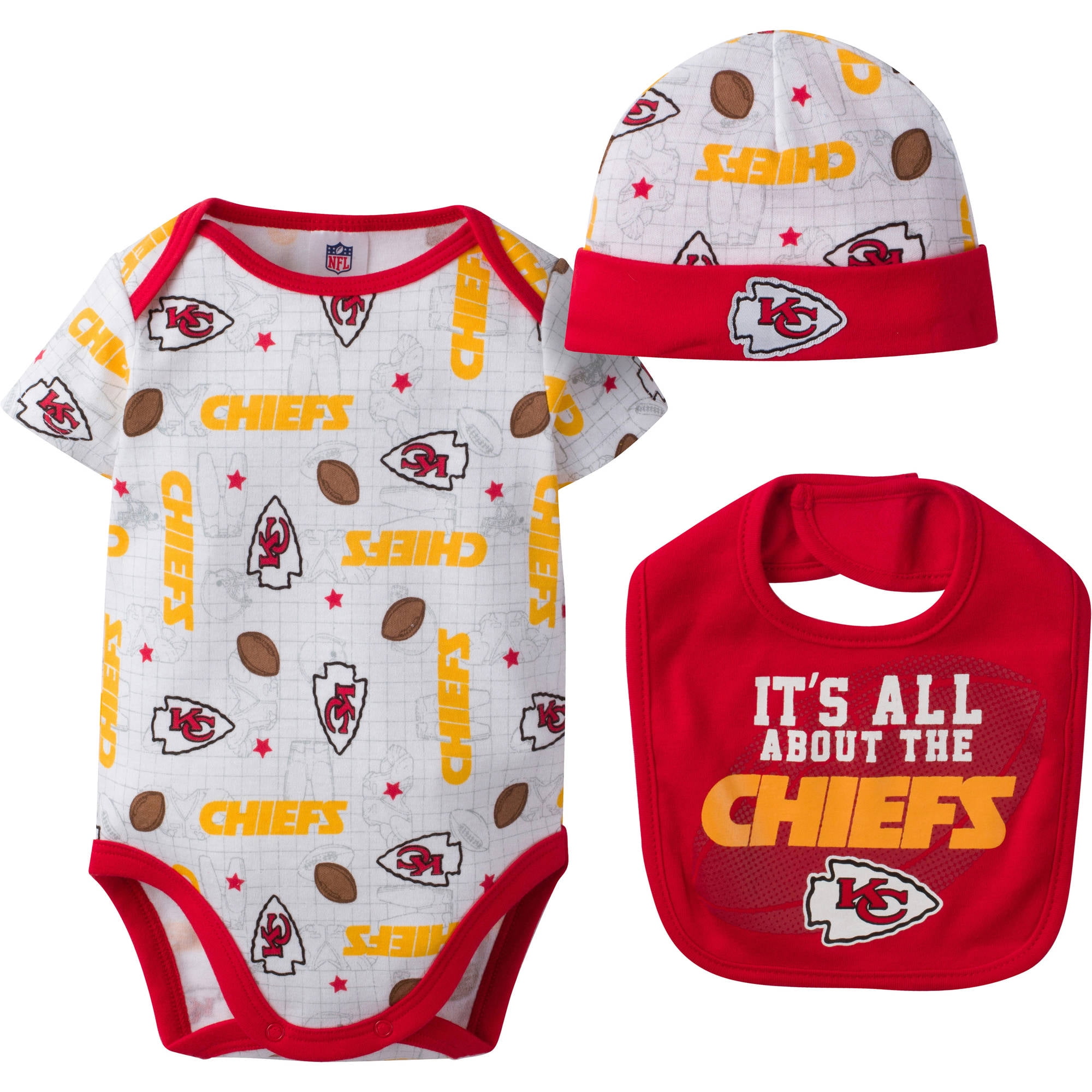 NFL Kansas City Chiefs Baby Boys Bodysuit, Bib and Cap Outfit Set, 3Piece