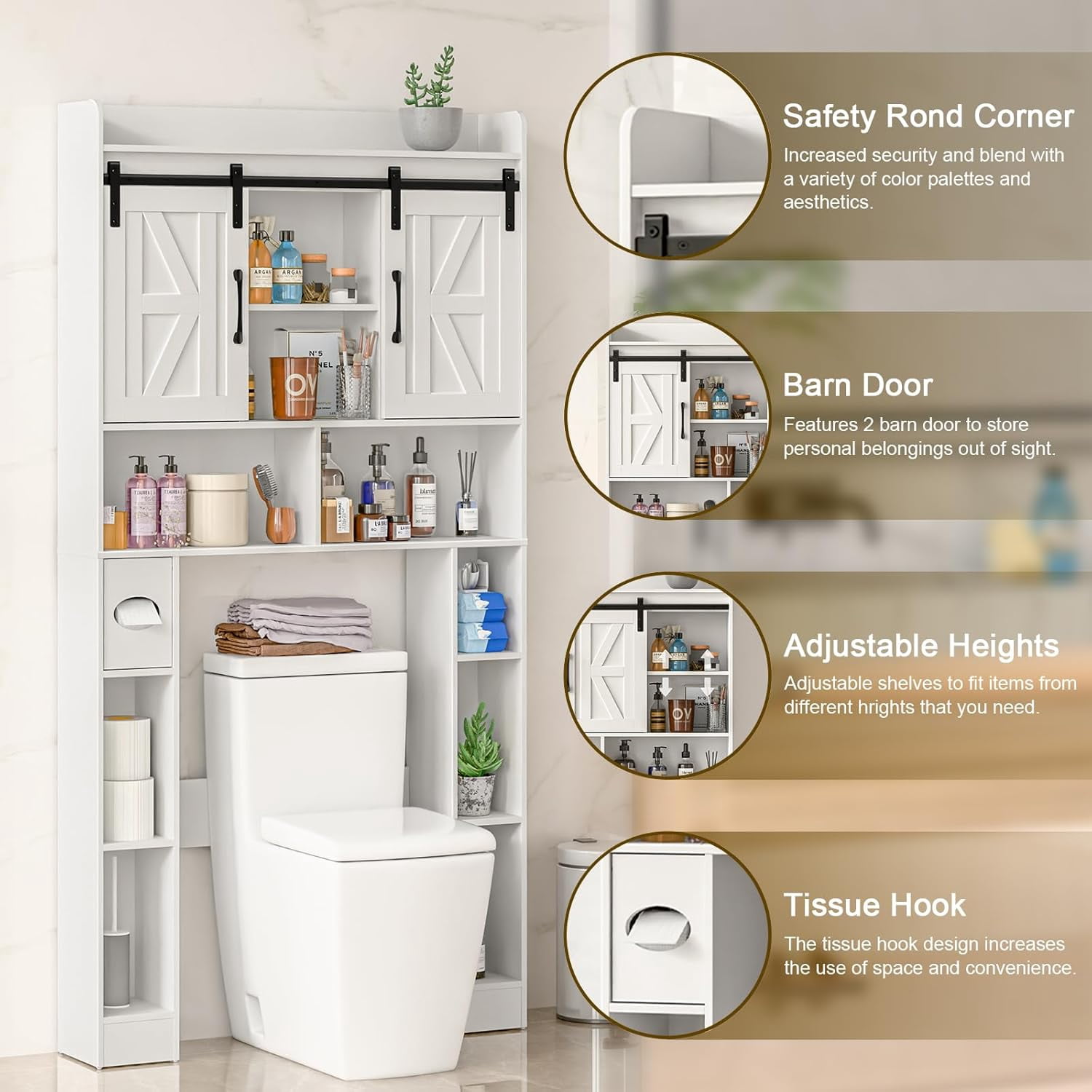 Vabches Over The Toilet Bathroom Storage Cabinet with Sliding Doors, Bathroom Space Saver Organizer Toilet Rack with 6 Storage Shelves, for Bathroom, Restroom, Laundry