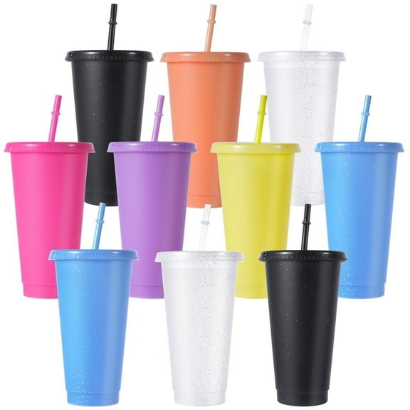 10Pcs Plastic Cups with Lids and Straws, Cold Iced Coffee Drinking Cups, Colorful Reusable Plastic Cups, Durable Travel Party Cups for Kids Adults