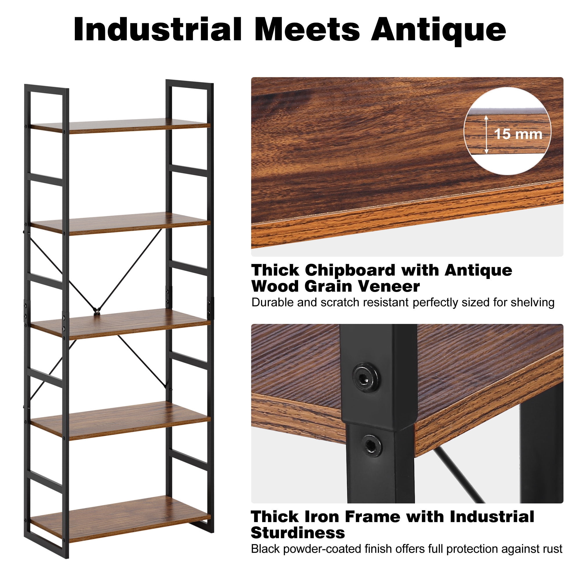 New Arrival Antique Design 5-Tier Black Metal and Wood Storage Shelf Bookcase