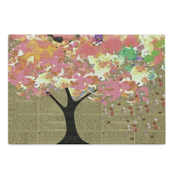 Tree Cutting Board, Paint Splash Branches on Grunge Vintage Newspaper Look Background Art Print, Decorative Tempered Glass Cutting and Serving Board, Large Size, Multicolor, by Ambesonne