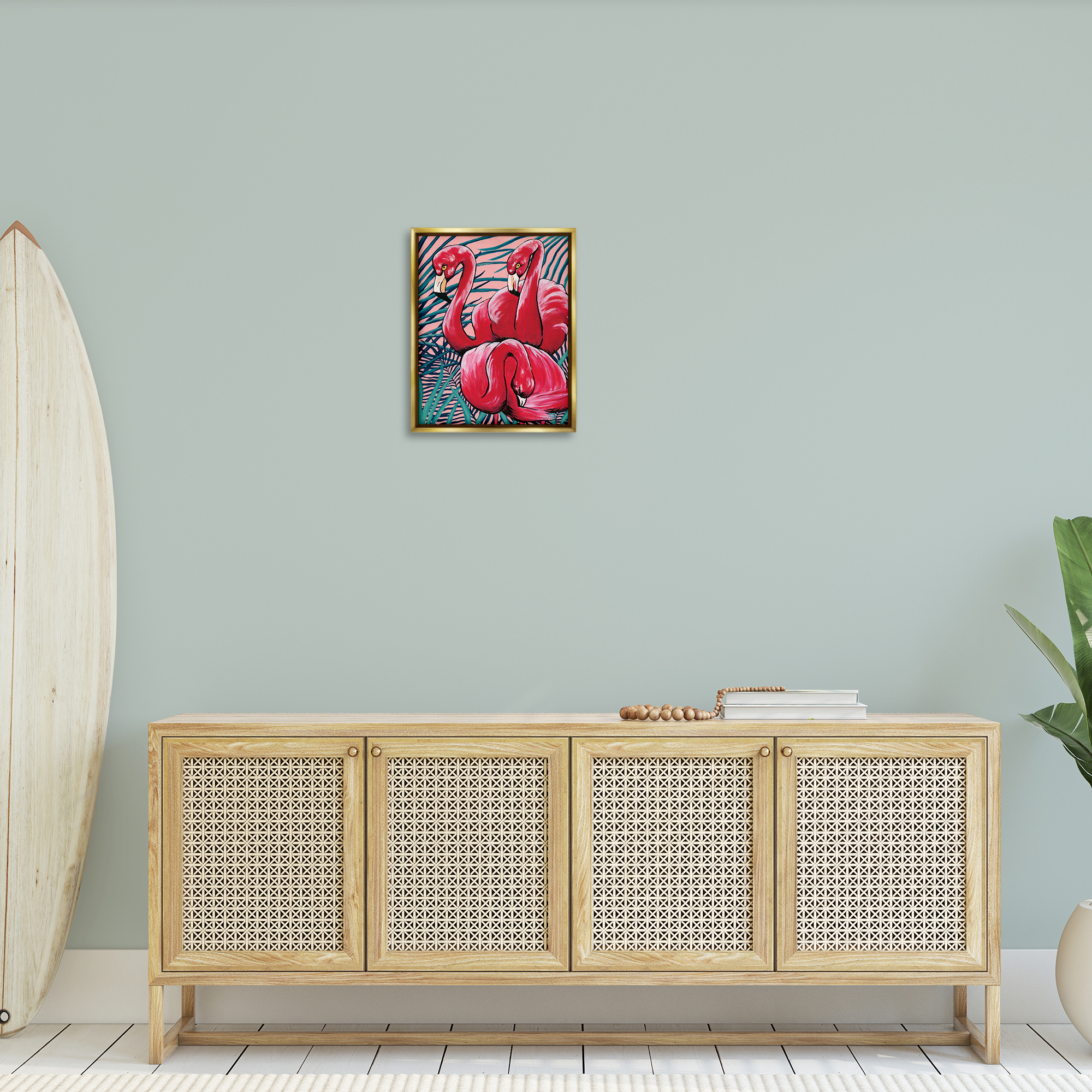 Stupell Industries Tropical Paradise Flamingos Animals Painting Gold Floater Framed Canvas Art Print Wall Art, 17 x 21
