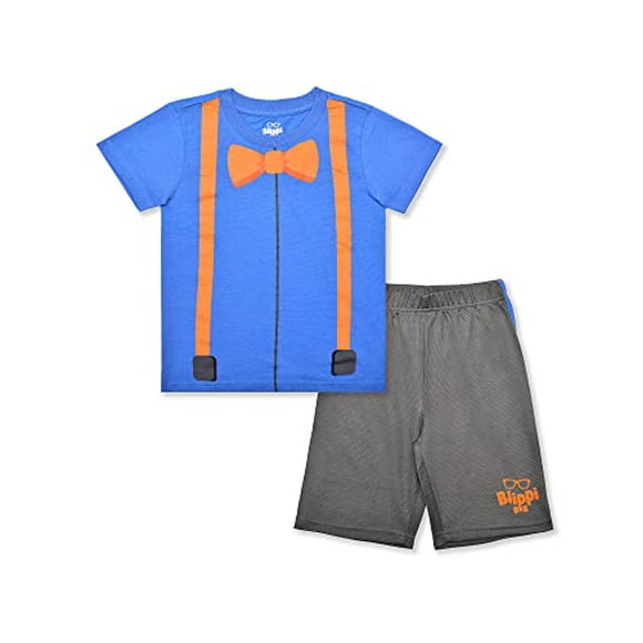 Kideo Boy s 2-Piece Blippi Graphic Tee Shirt and Taped Short Set, Blue Grey, 2T