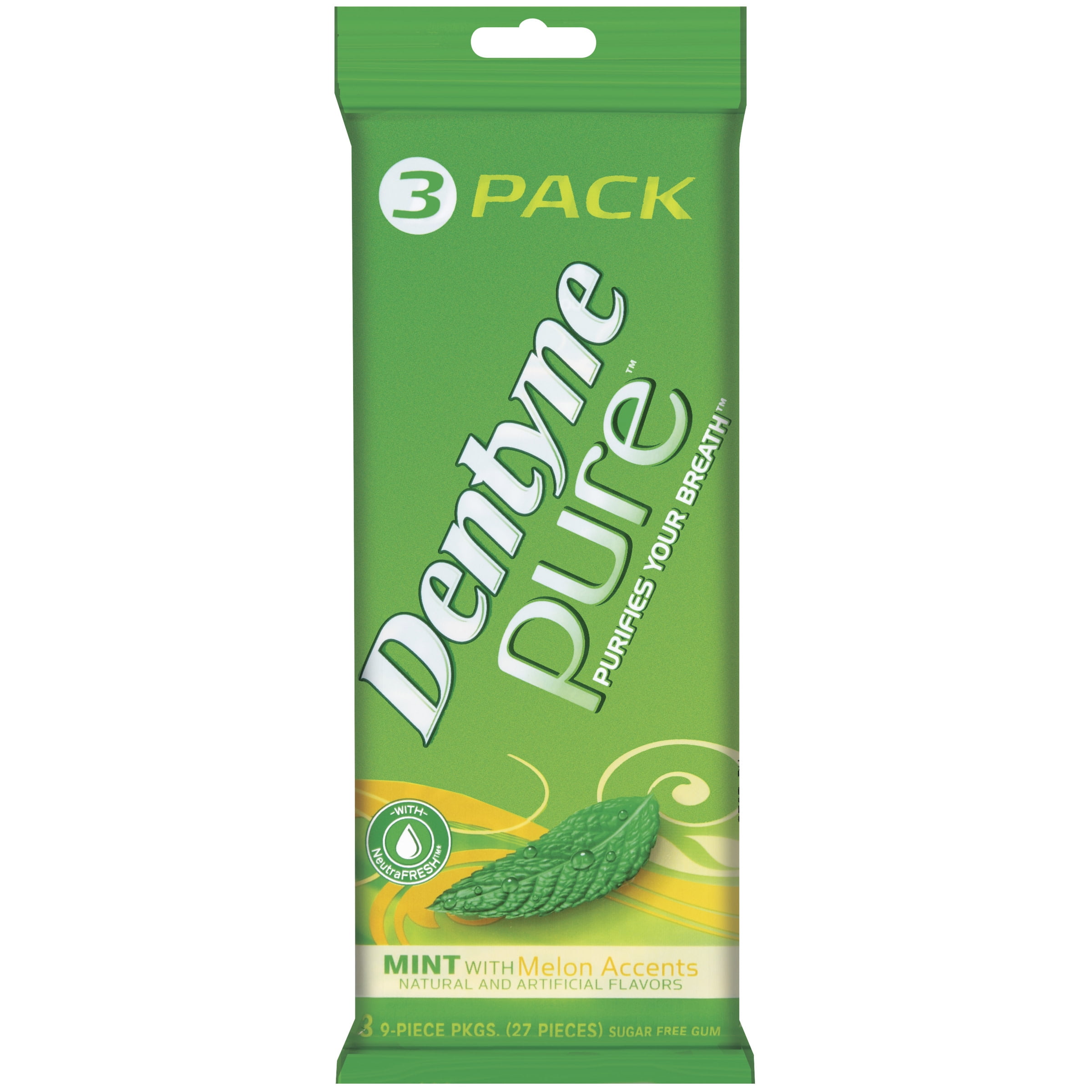 Dentyne Pure Mint with Melon Accents Sugar Free Gum, 3 Packs of 9 Pieces (27 Total Pieces)