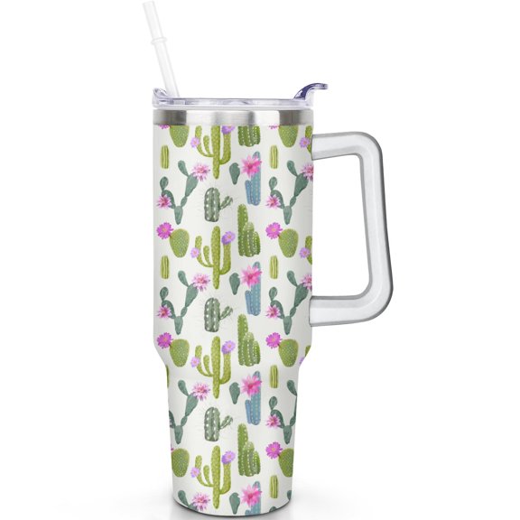 40 oz Stainless Steel Cactus Tumbler with Flip Straw Lid Handle Vacuum Insulated Leak Proof Travel Mug Gift for Him Her Men Women Travel Tumbler Must Have