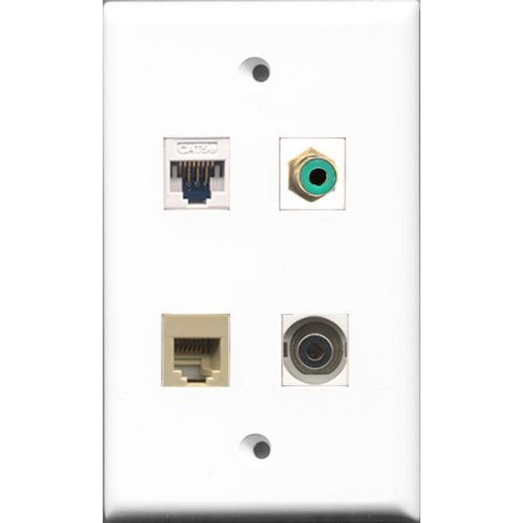 RiteAV 1 Port RCA Green and 1 Port Phone RJ11 RJ12 Beige and 1 Port 3.5mm and 1 Port Cat5e Ethernet White Wall Plate