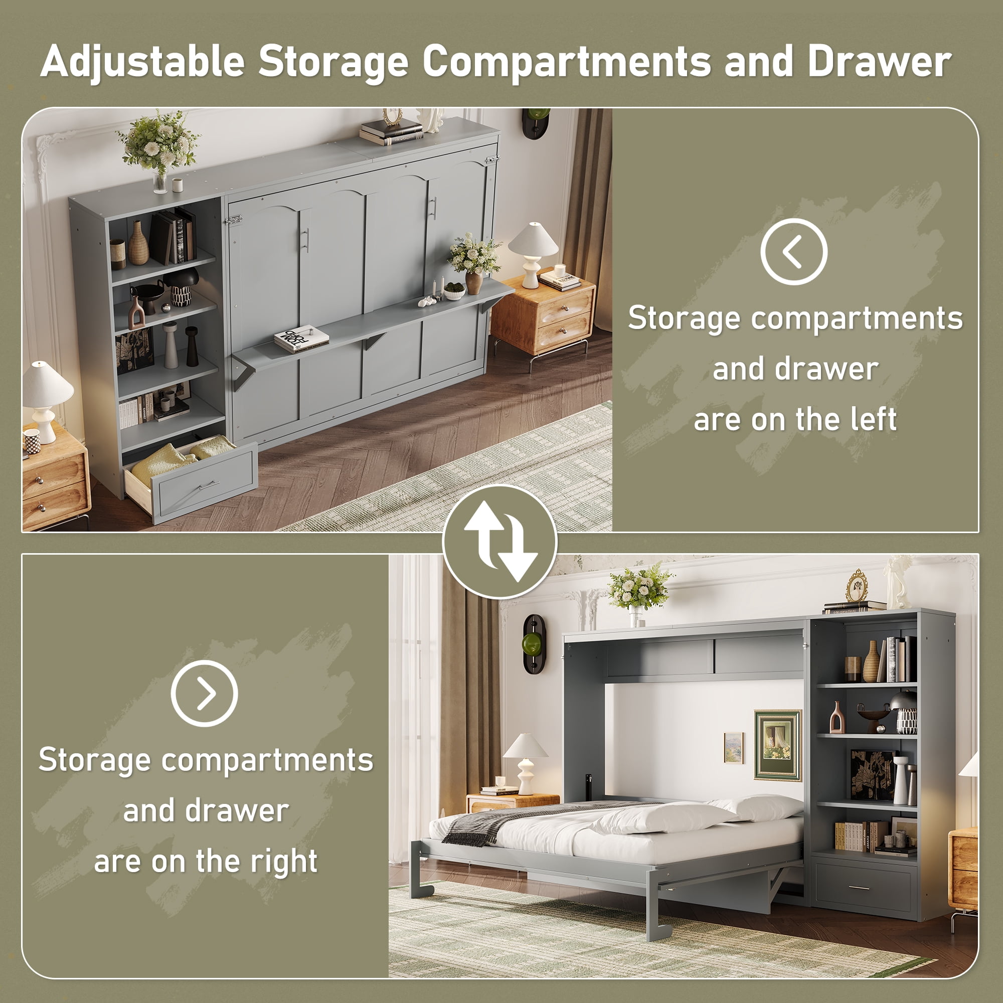 Mintazer Queen Murphy Bed with Reversible Storage Cabinet, Multifunctional Foldable Platform Bed with Adjustable Shelves & Drawer for Guest Room Bedroom, Gray