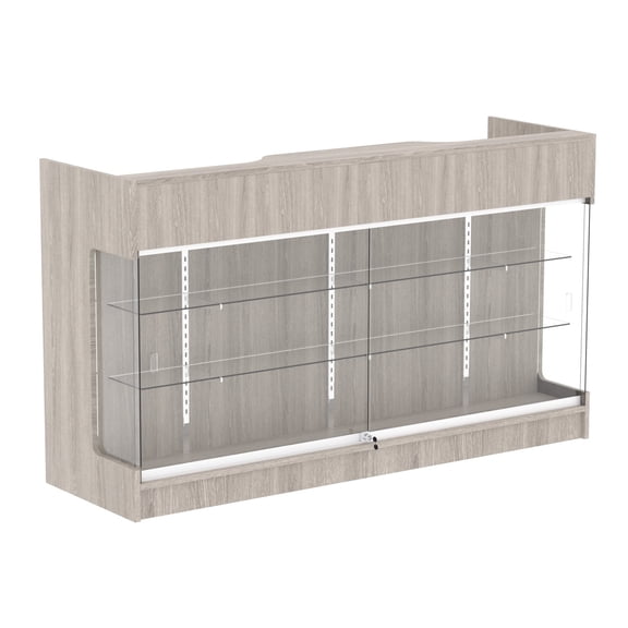 70" W x 22" D x 42" H - Tempered Glass Retail Display Case, Wood grain gray Reception Desk, Retail Checkout Counter with Lockable Drawers, Suitable for Offices, Retail Stores and Boutiques