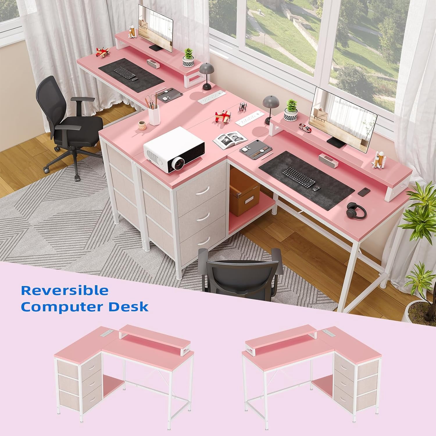 43" L-Shaped Computer Desk with 4 Power Outlets and 7-Color Led Lights, 3-Drawer Gaming Desk