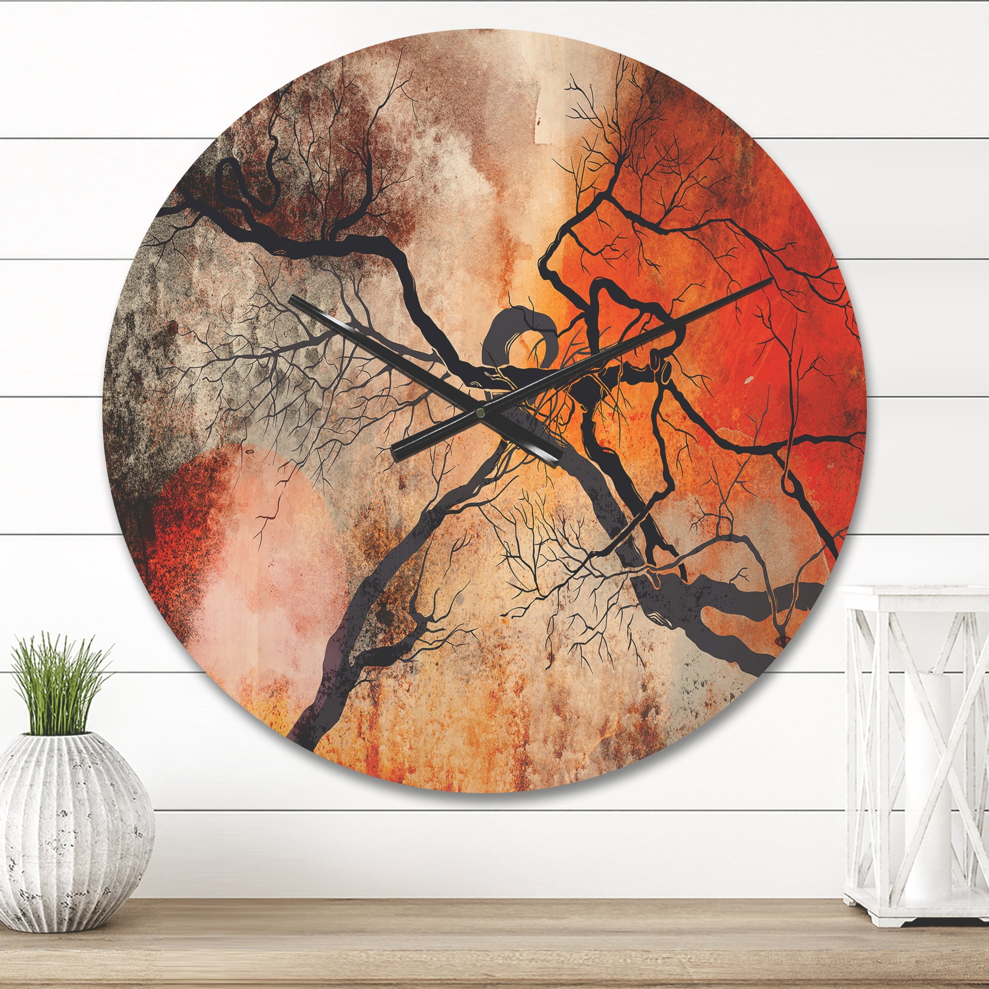 Designart 'Red Sun With Surrealistic Trees' Modern Wood Wall Clock