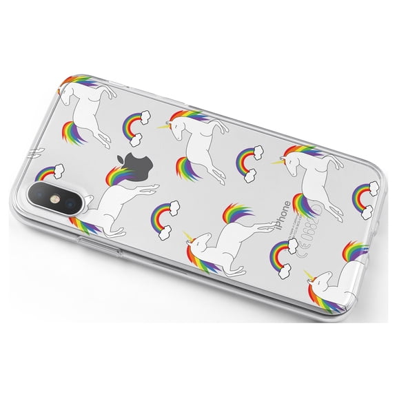 DistinctInk Clear Shockproof Hybrid Case for iPhone X / XS (5.8" Screen) - TPU Bumper, Acrylic Back, Tempered Glass Screen Protector - Rainbows & Unicorns