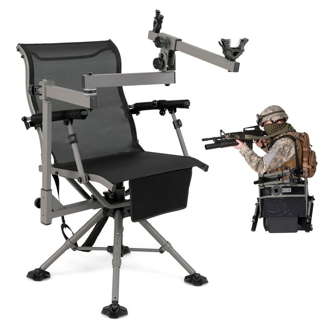 Gymax Chaise de Chasse Portable avec Pivotement à 360° Jambes et Accoudoirs Réglables Support pour Pistolet