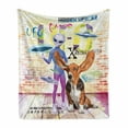 thumbnail image 1 of Outer Space Soft Flannel Fleece Throw Blanket, Alien and Dog with Giant Ears Vivid UFO Writing Grungy Brick Wall, Cozy Plush for Indoor and Outdoor Use, 70" x 90", Multicolor, by Ambesonne, 1 of 6