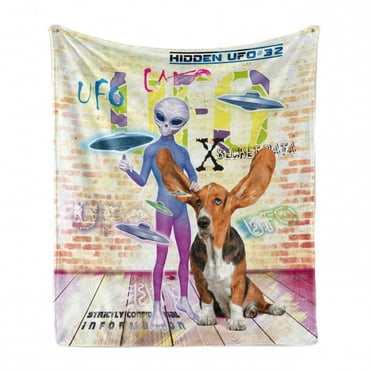 Outer Space Soft Flannel Fleece Throw Blanket, Alien and Dog with Giant Ears Vivid UFO Writing Grungy Brick Wall, Cozy Plush for Indoor and Outdoor Use, 50" x 70", Multicolor, by Ambesonne