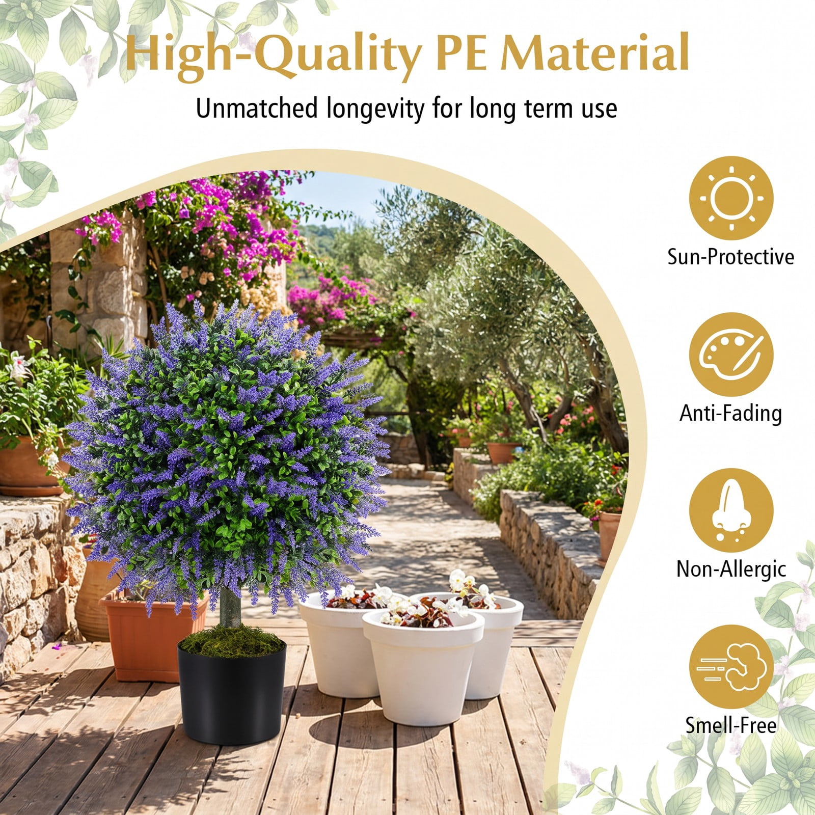 ALPULON 23 Inch Set of 2 Artificial Lavender Topiary Ball Trees with Cement-Filled Pot, Faux Potted Plants for Indoor Outdoor Home Porch Entryway Decor, Purple