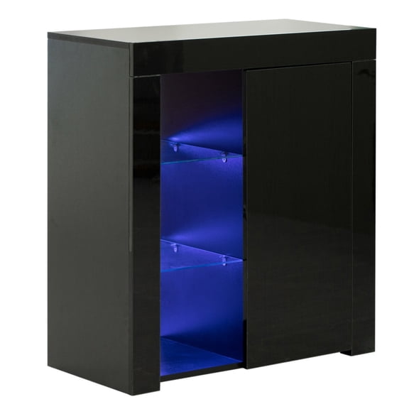 Basicwise Sideboard Buffet with 5 Storage Shelves - White, LED Light with USB Plug In, High Gloss Doors, 29.5"W x 13.75"D x 32.75"H - Modern, for Dining Room, Office, Organizer Cabinet
