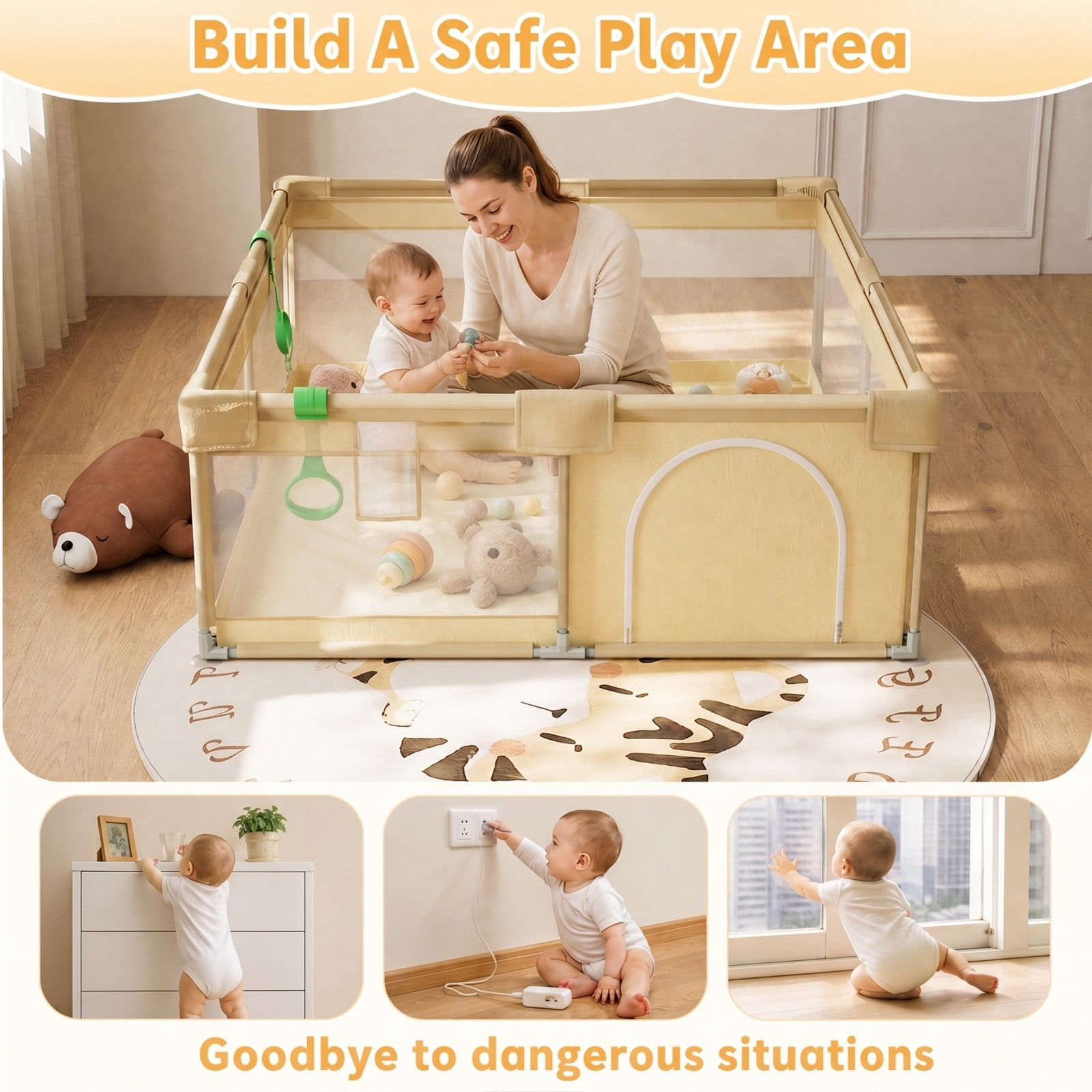 BEAUTYPEAK 48"x48" Large Baby Playpen Toddler Play Yard Fence for Boys and Girls, Pale Yellow