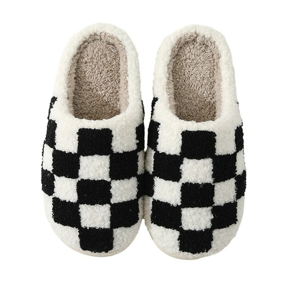 Mosey 1 Pair Cozy Checkerboard Cotton Slippers Warm Soft Non-Slip Unisex Thickened Bottom Cotton Shoes Home Supply