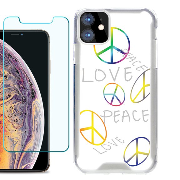 For Apple iPhone 11 Case, Hybrid Bumper Phone Case, with Tempered Glass Screen Protector, by OneToughShield ® - Love/Peace