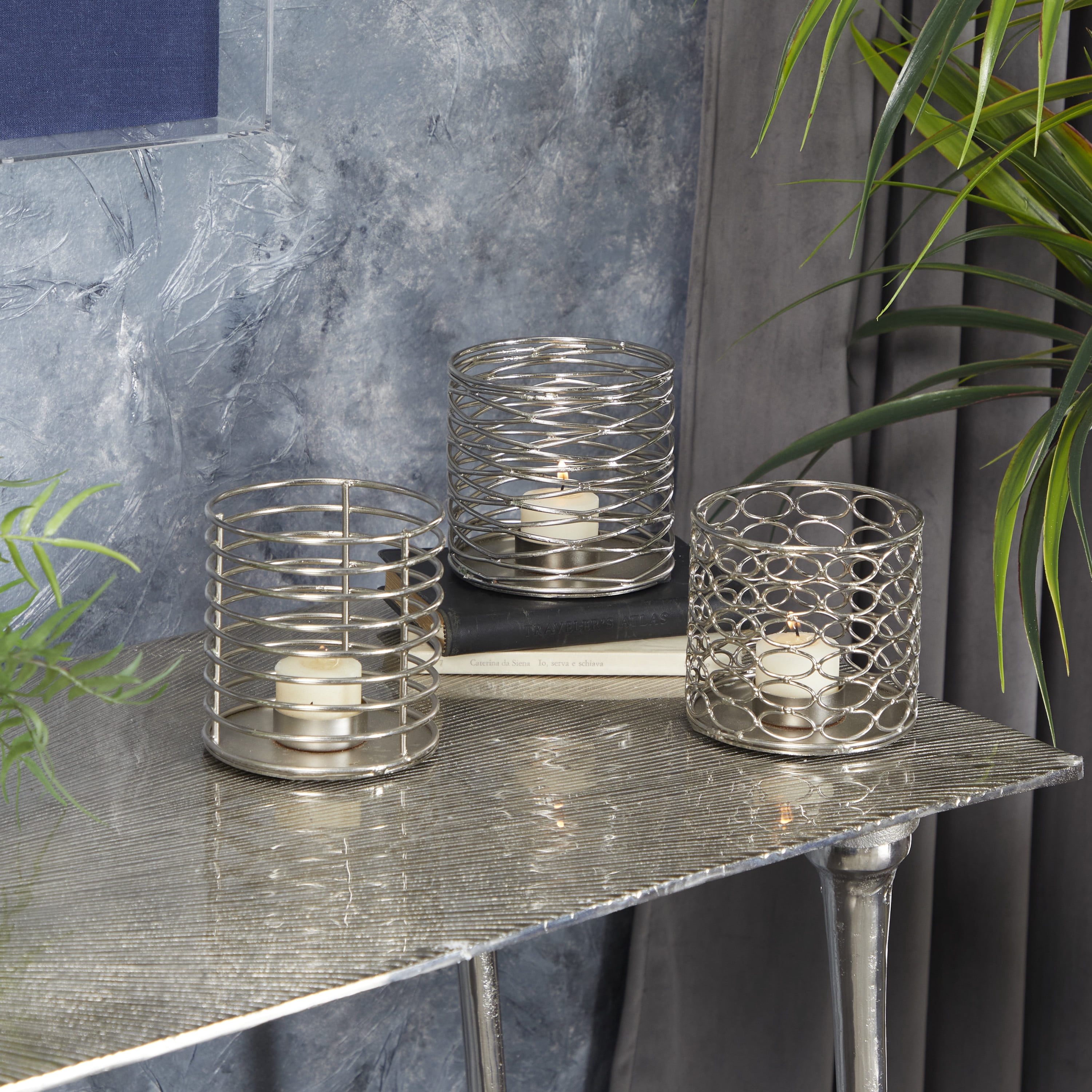 DecMode 4"W, 4"H Metal Glam Candle Holders, Silver, 3-Piece