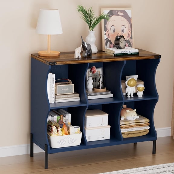 6 Cube Book Shelf, Low and Short Bookshelf, Long Cube Storage Organizer Wood TV Stand, Toy Organization DVD Cabinets for Living Room, Office, Bedroom, Dorm, Blue with Natural Top