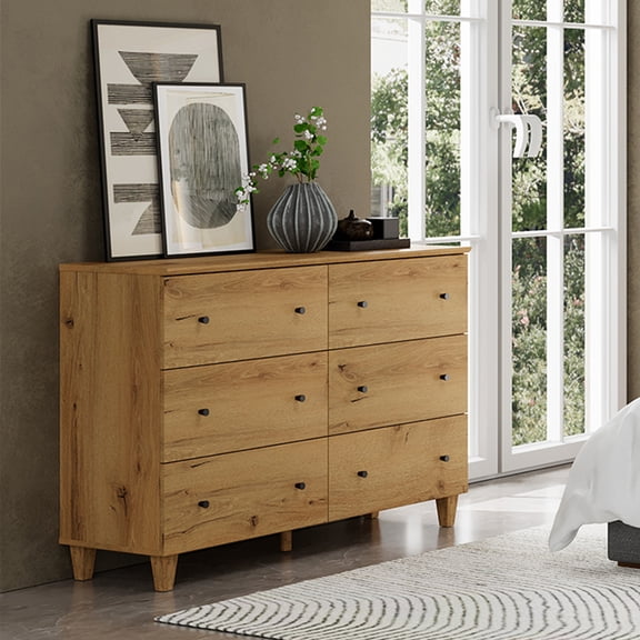 Modern 6-Drawer Double Dresser, Wooden Chest of Drawers with Oak Brown Wood Finish, 47.2" Wide