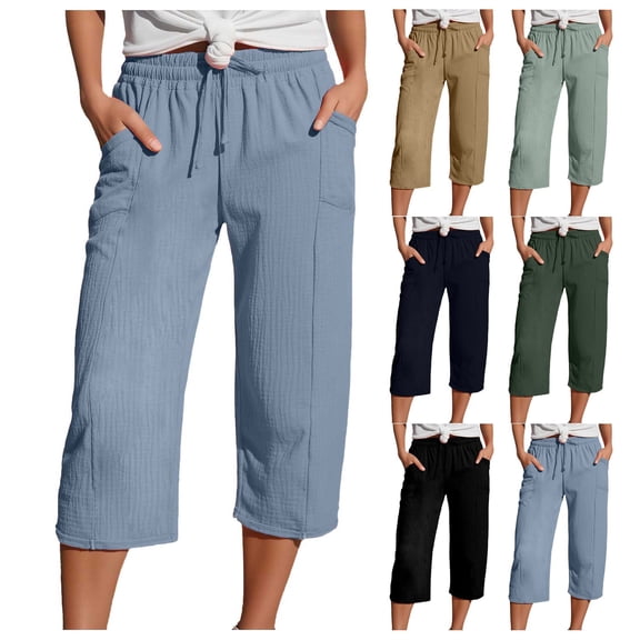 Shadoumai Linen Capri Pants for Women Baggy Straight Leg Gauze Yoga Pant Loose Comfy Cropped Trousers with Pockets