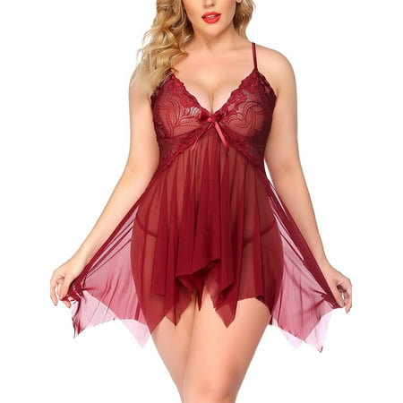 Plus Size Lingerie for Women Sleepwear Set Lace Trim Babydoll Chemise XL-4XL