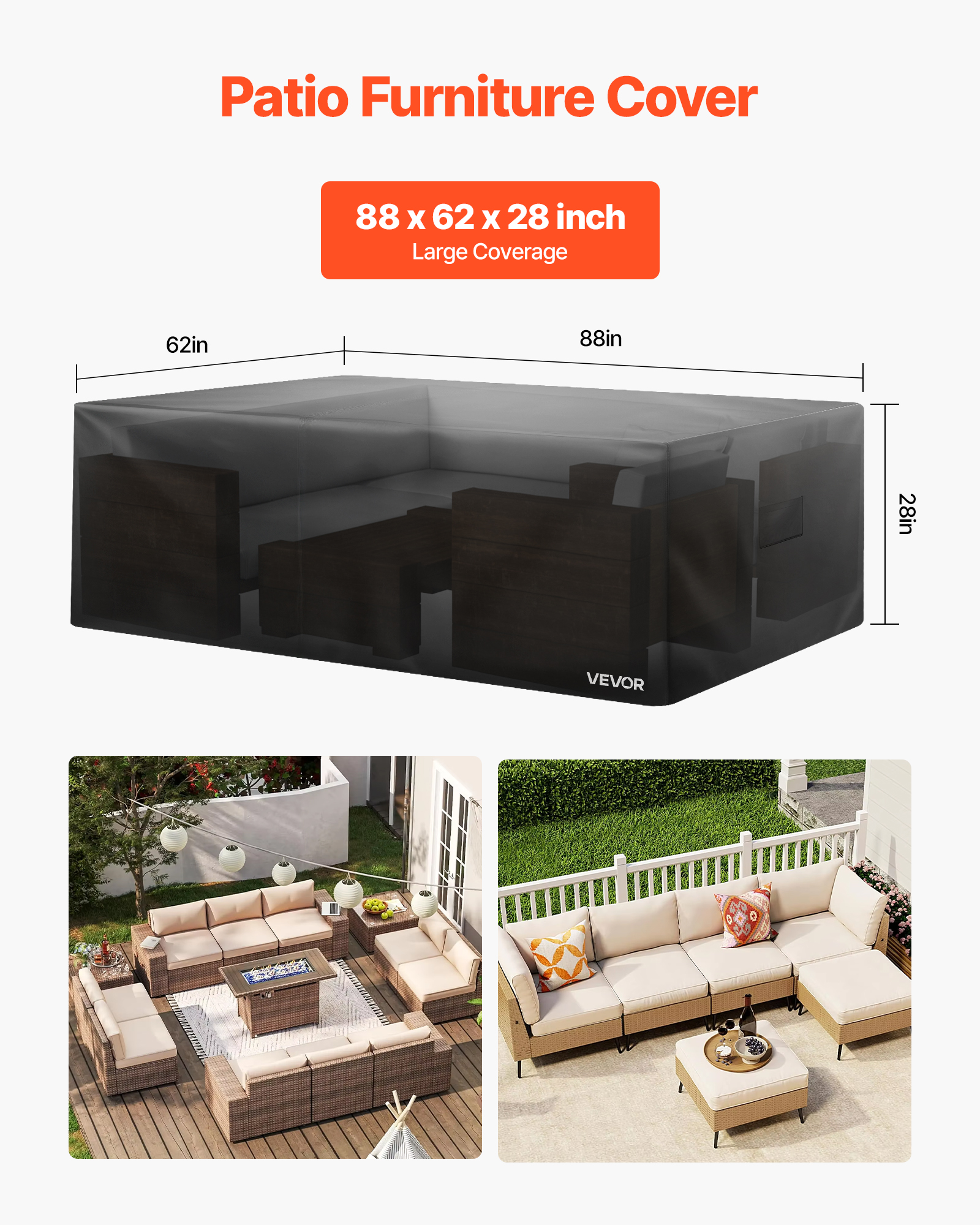 VEVOR Patio Furniture Cover, 420D Heavy Duty Waterproof Outdoor Dining Table and Chairs Cover, Large Rectangular Patio Table Covers with Air Vent for All Weather, 88L x 62W x 28H inch, Black