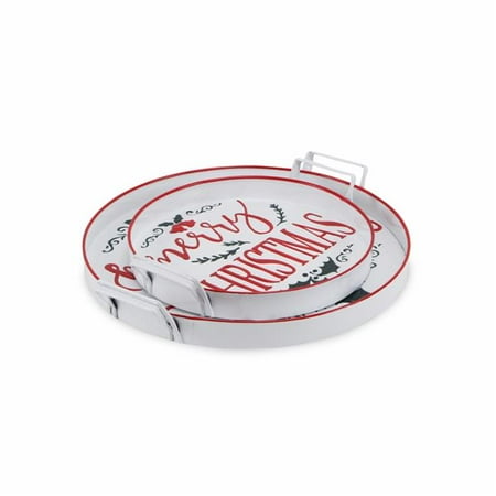 

HomeRoots 483306 18 in. Round Metal Christmas Handmade Tray with Handles White
