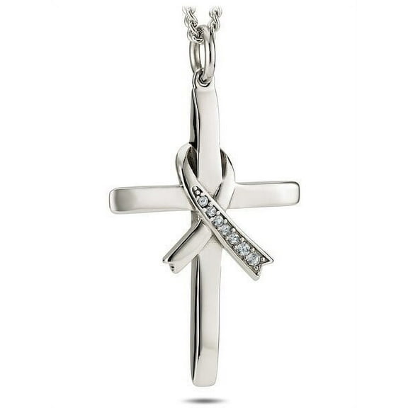 Women's Stainless Cross with Crystal Ribbon Necklace-Isaiah 46:4 by Shields of Strength