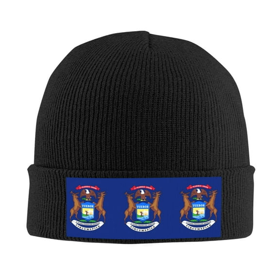 Michigan Flag Beanie Hat Men Women Warm Printed Cap Knit Beanies Hats Outdoor Winter Black