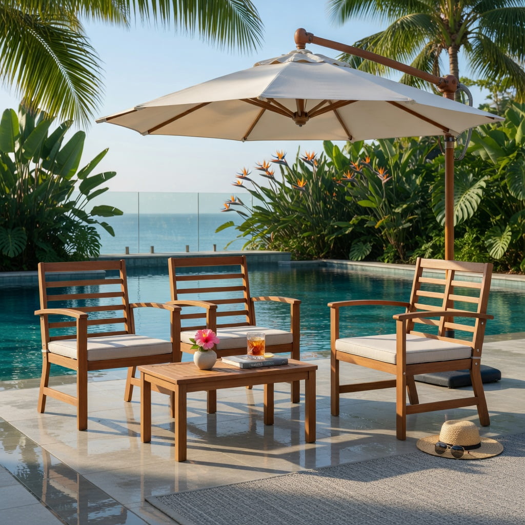 Hommoo 4-Piece Outdoor Patio Furniture Set, Acacia Wood Loveseat, 2 Chairs & Coffee Table, Durable, Weather-Resistant Backyard Seating, White