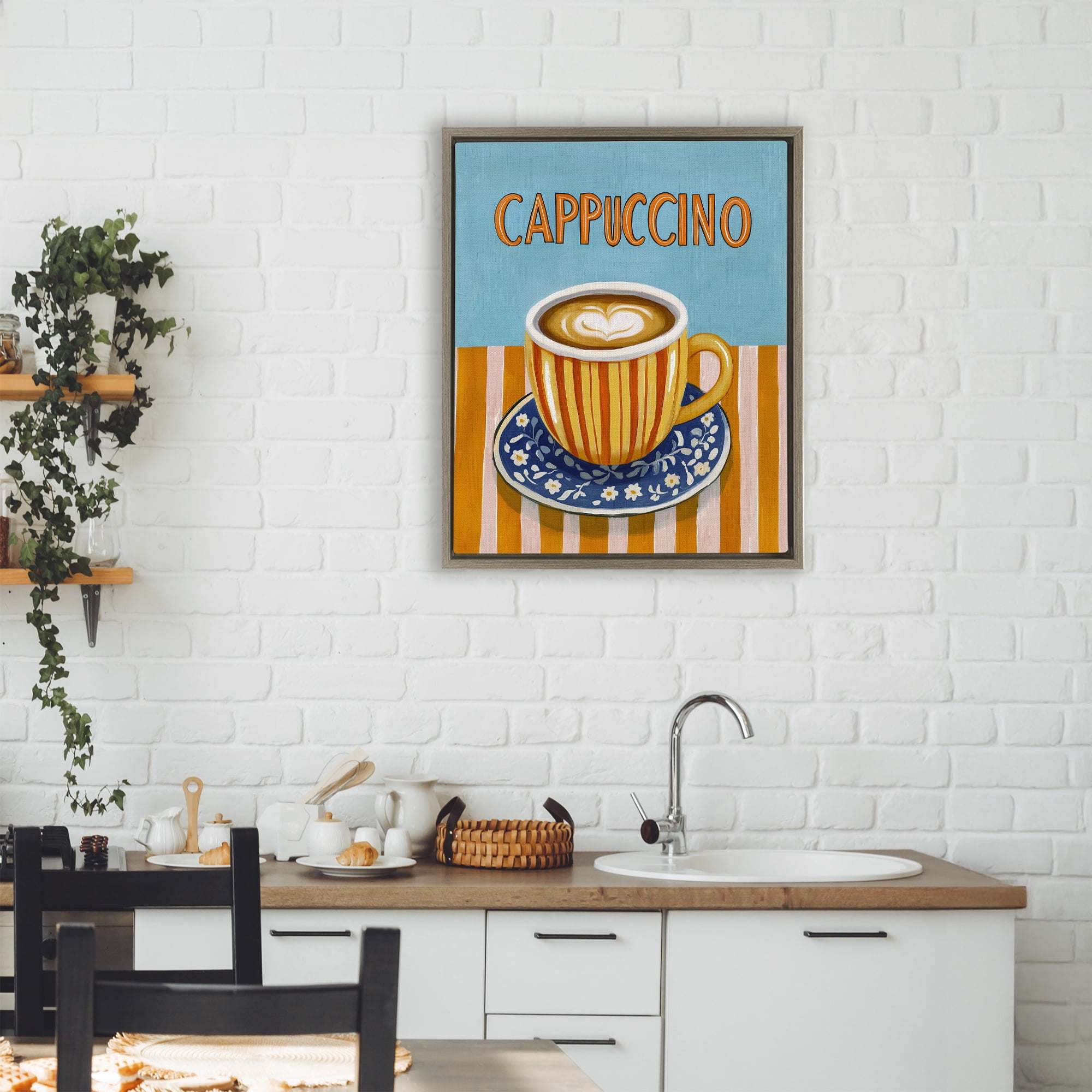Stupell Industries Cappuccino Stripes Blue & Orange Brown Framed Floater Canvas Wall Art, design by Yen