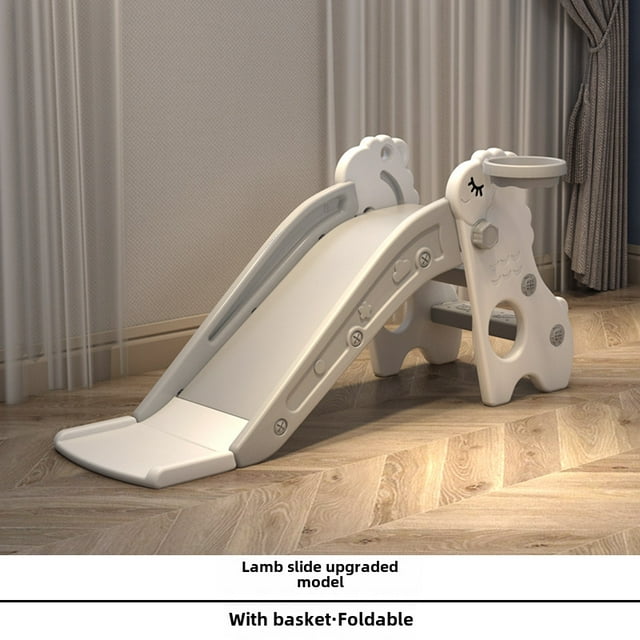 Ensemble de Terrain de Jeu Multifonction Pliable pour Enfants d'Intérieur avec Glissade, Mur d'Escalade, Panier de Basketball et Ballon - Centre d'Activités Compact et Sécuritaire pour Tout-Petits à la Maison en Blanc-Gris (Motif Mouton)