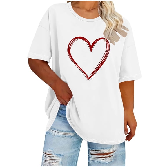 Valentines Shirts for Women Short Sleeve Round Neck Tops Love Heart Print T-Shirt Oversized Graphic Tees Cute Plus Size Summer Tops