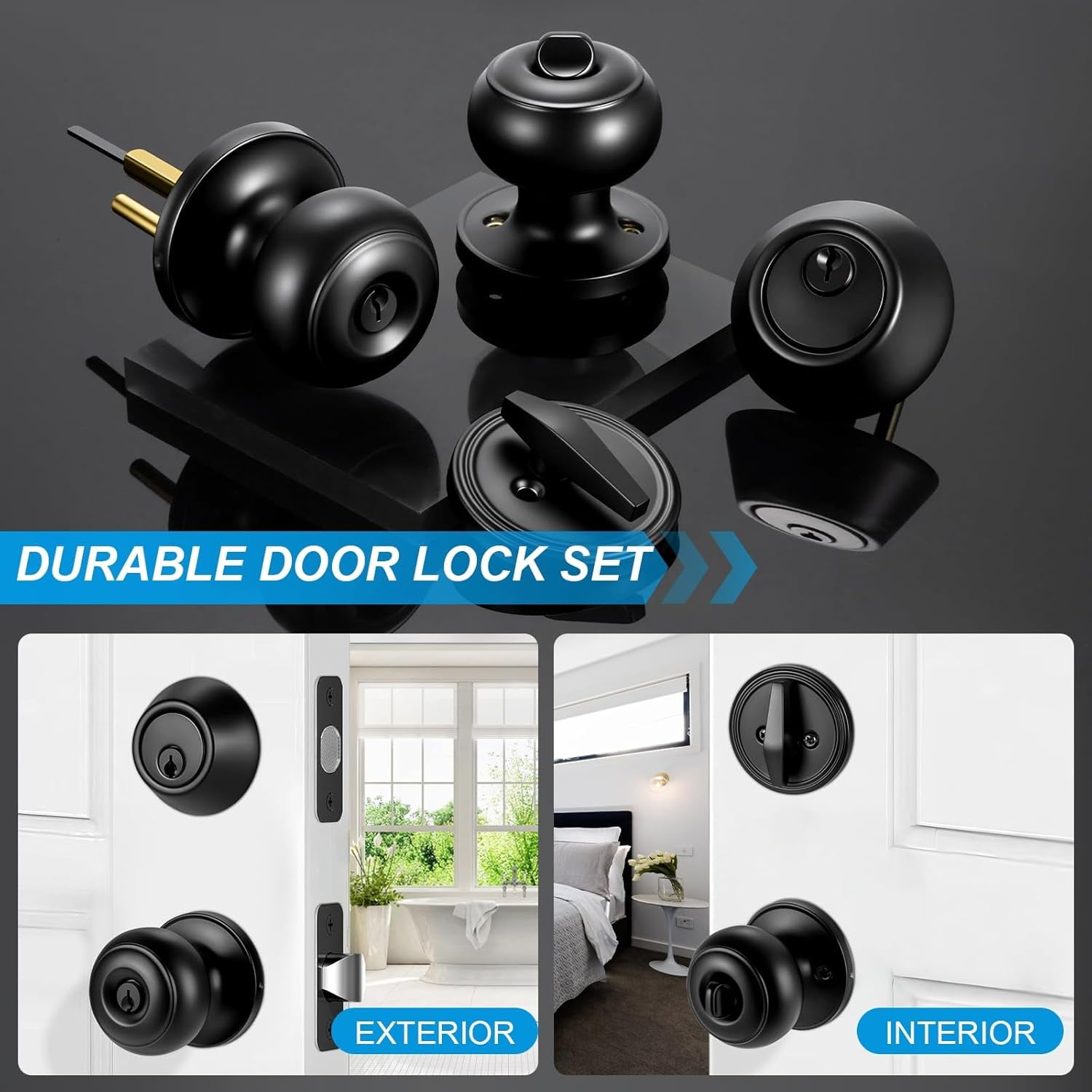 3 Pack Front Door Lock Set Matte Black,Exterior Door Lock Set with Deadbolt,Single Cylinder Deadbolt Lock and Door Knob Set,Keyed Alike Door Knobs with Lock&Keys,Round Ball Entry Door Lockset