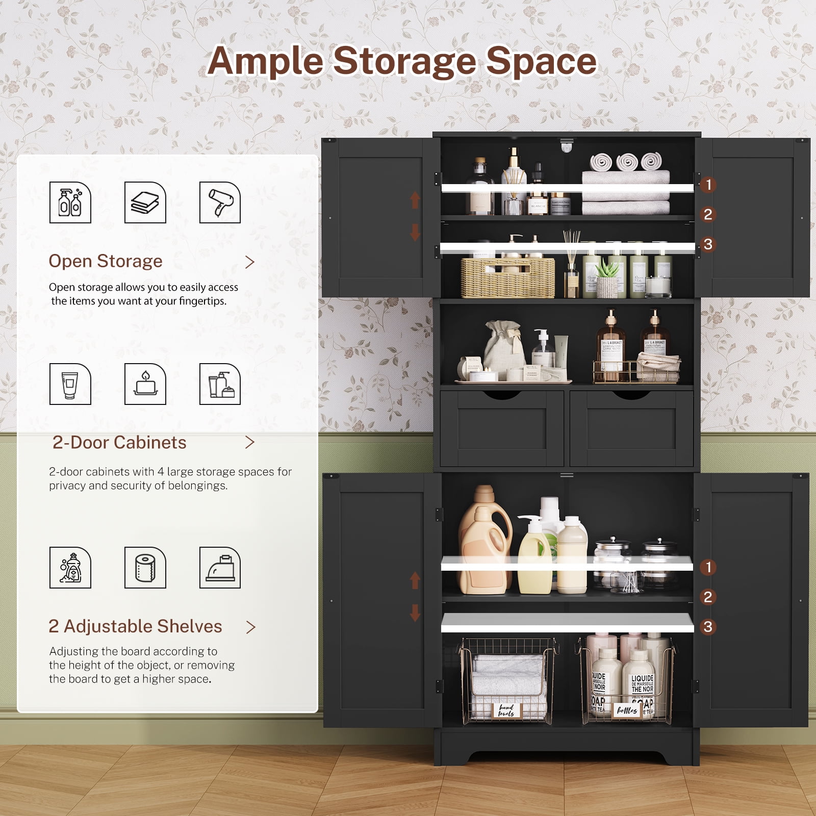 57.8" H Tall Storage Cabinet with Adjustable Shelf, Bathroom Cabinet with 2 Drawers, Linen Cabinet for Living Room, Black