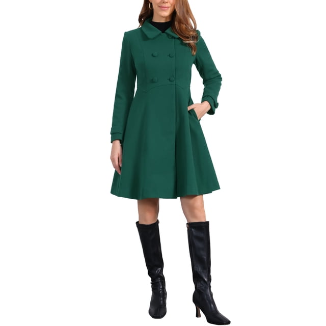 Abrigo de invierno de mujer vintage sólido de línea A con doble botonadura y cuello en verde oscuro