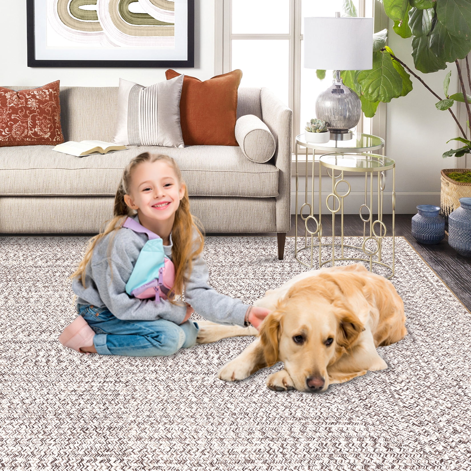 GlowSol 2' x 6' Runner Rug Modern Braided Print Rugs Non-Slip Low Pile Bedroom Runner Rug Washable Floor Mat for Kitchen Hallway, Beige Gray