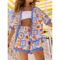 thumbnail image 4 of Honganda Women's 2 Piece Lounge Set, Ric Rac Short Sleeve Button Down Tops Drawstring Shorts Pajama Set, 4 of 9