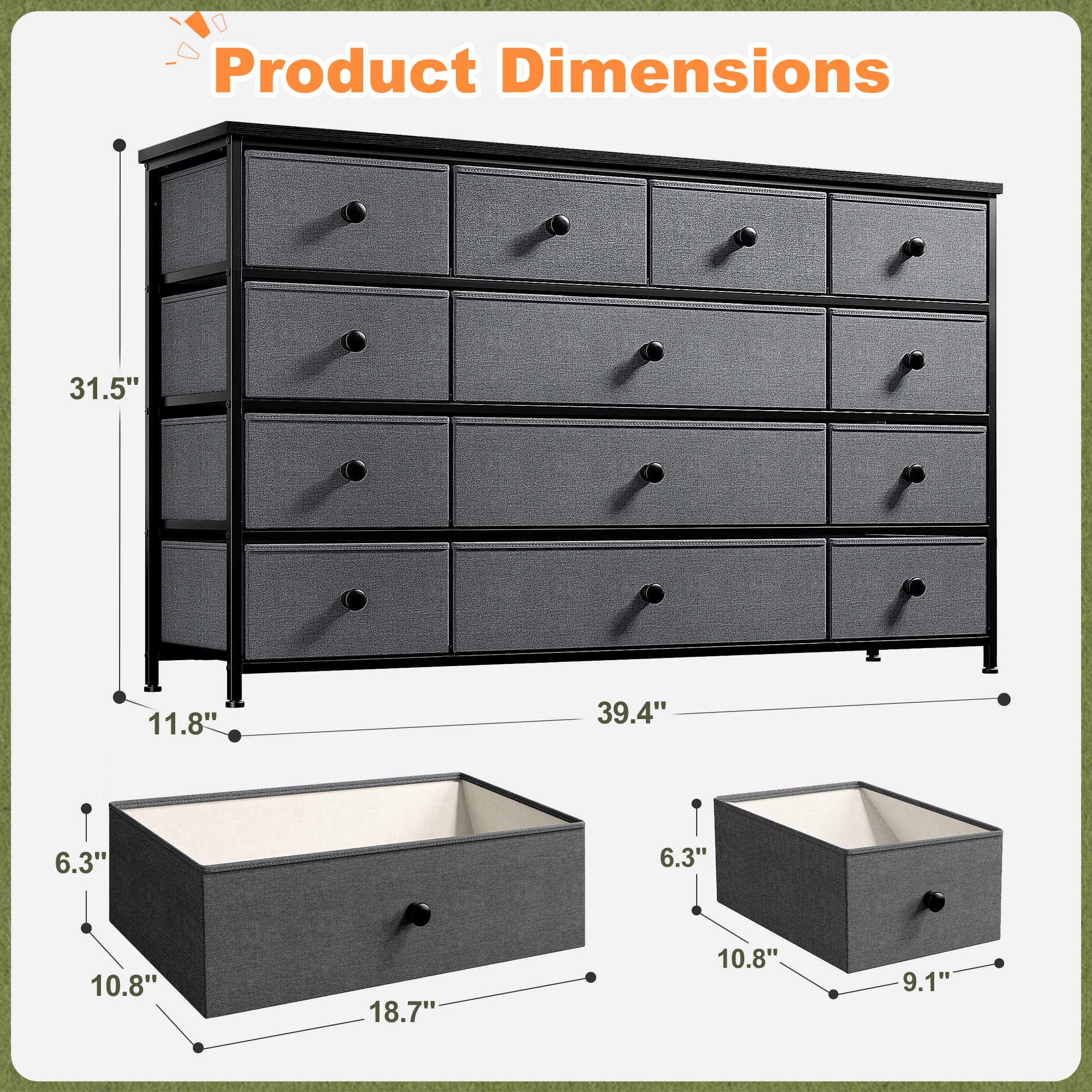 Romorgniz Dresser TV Stand, 13 Drawer Dressers for Bedroom, Chest of Drawers for 45" Long TV, Fabric Dresser for Storage, Gray