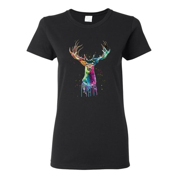 Wild Bobby, Colorful Paint Splatter Deer Head, Animal Lover, Womens Graphic Tees, Black, Small