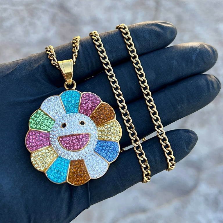アクセサリー sunflower Rainbow Flower Happy Face CZ Sunflower Pendant Gold Plated