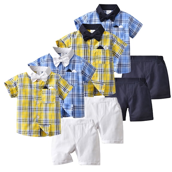 KYAIGUO Baby Boys Short Sleeve Button down Shirt Chino Shorts Bowtie Sets Infant Toddler Summer Plaid Shirt Tops Shorts Outfits 6M-4T