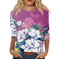 thumbnail image 2 of Women's 3/4 Sleeve Tshirts Dressy Casual Round Neck Blouse Tops Spring Summer Trendy Floral Print Loose Tunic Tops Purple Pink 3XL, 2 of 5