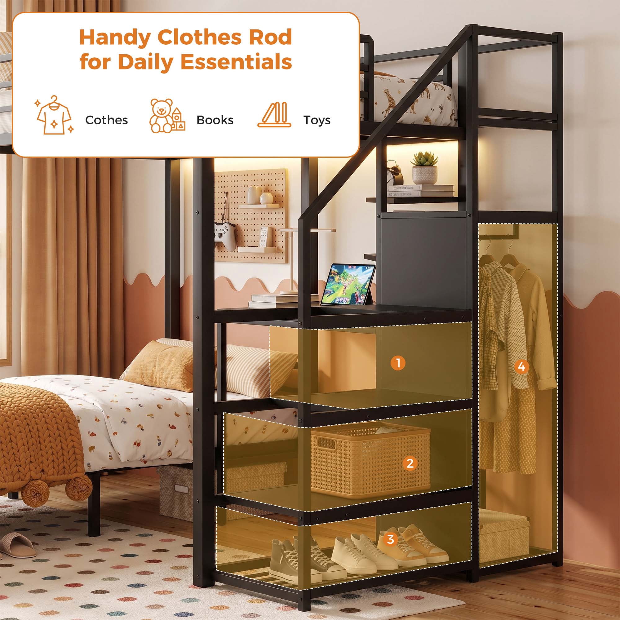 Miniyam Twin Over Twin Bunk Bed with Storage Stairs, Gaming Desk, LED Light and Power Outlet, Black