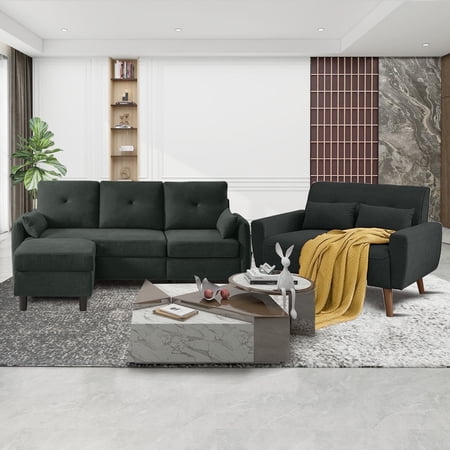 Pingliang Home Furniture Set with 4 Throw Pillows,Convertible Sectional Sofa with Storage Ottoman and Loveseat, 3 Seat L Shaped Couch with Side Storage Pockets for Living Room Office Apartment Studio
