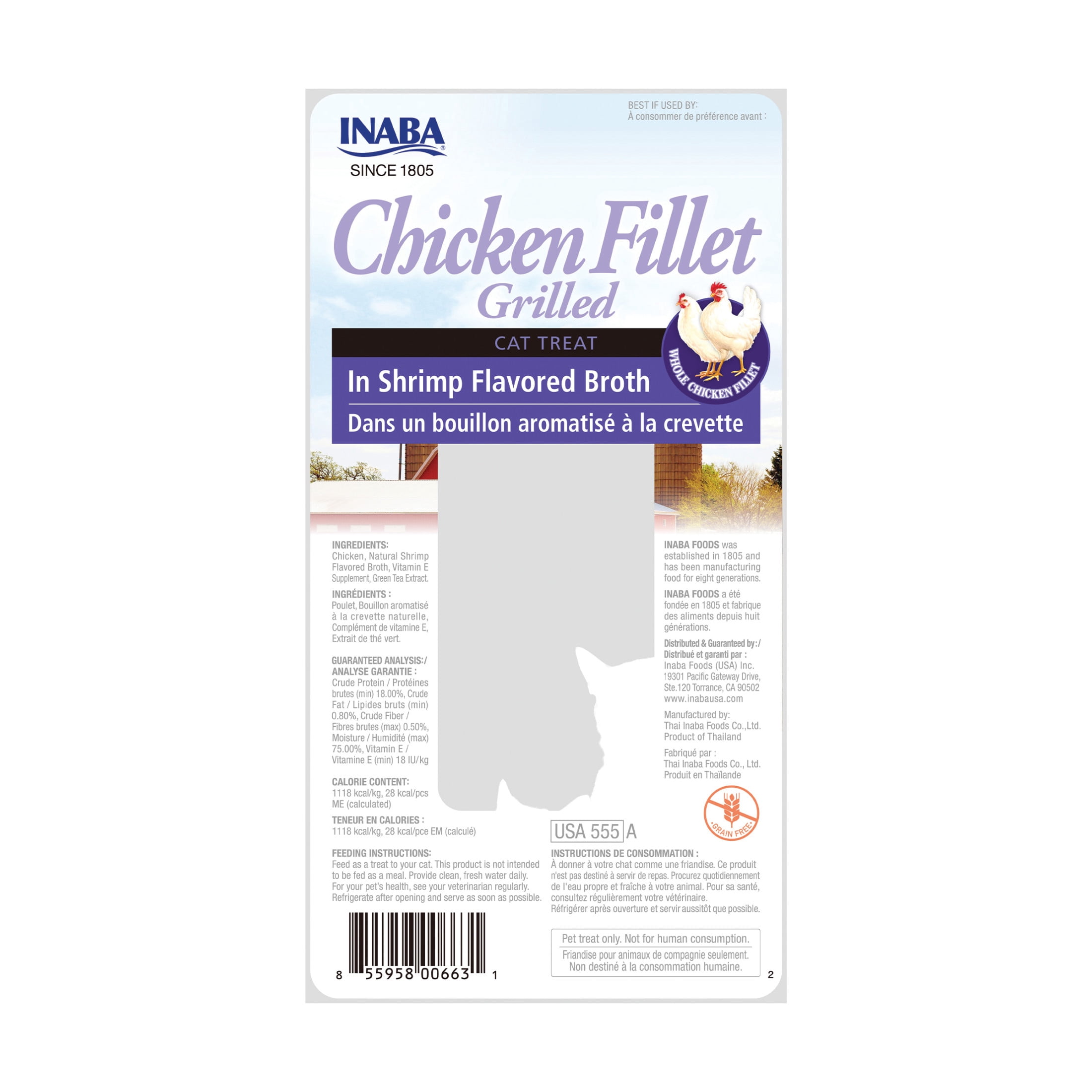 INABA Natural, Premium Hand-Cut Grilled Chicken Fillet Cat Treats/Topper/Complement with Vitamin E and Green Tea Extract, 0.9 Ounces Each, Shrimp Broth